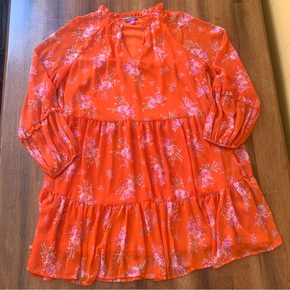 Vince Camuto mini dress Medium Orange ChiffonTiered Bishop Sheer sleeve Lined